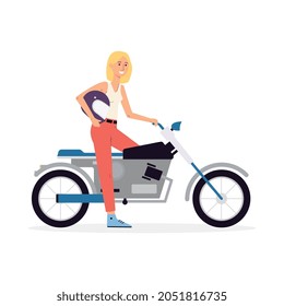 Young woman or girl cartoon character with helmet riding a customized motorcycle, flat vector illustration isolated on white background. Female biker on a motorcycle.