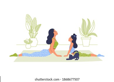 Young woman and girl in casual clothes practice yoga with mat on the floor at home. Sporty girls doing face up dog pose exercises indoors. Cartoon characters isolated. Flat vector illustration.