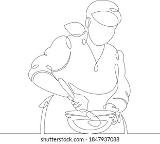 Young Woman Girl Cook Pastry Chef Prepares Food In The Kitchen. One Continuous Drawing Line, Logo Single Hand Drawn Art Doodle Isolated Minimal Illustration.