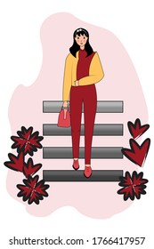 Young woman or girl dressed in trendy clothes. Female cartoon character. Vector illustration in a flat style.
