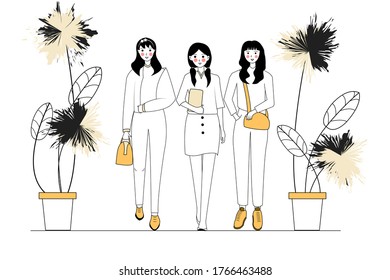 Young woman or girl dressed in trendy clothes. Women's friendship, union of feminists or sisterhood. Female cartoon character. Vector illustration in a flat style.