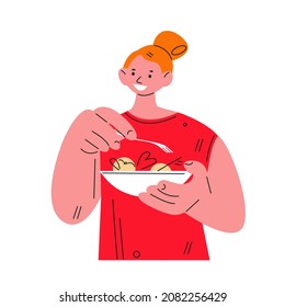 Young woman girl eating salad food. Vector illustration in flat style.