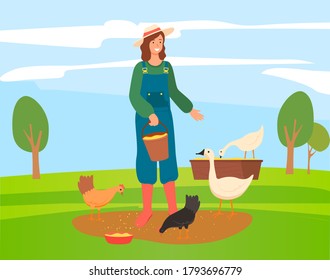 Young woman or girl farmer in hat and overalls feeds poultry grain. Girl takes care of chickens, geese. Woman nourishes hens and geese. Female stands on green meadow with poultry. Flat image