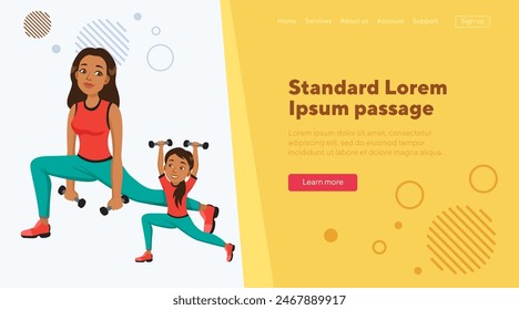 Young woman and girl in fitness apparel doing sport exercises. Mother and daughter with hand weights. Vector illustration. Family, active lifestyle concept for banner, website design, landing page