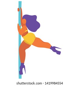 Young woman or girl in flat style isolated on white background. Pole dance . Body positive. Strong woman's body do exercise . Healthy lifestyle. In orange and violet colors.