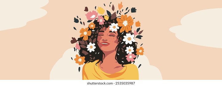 Young woman girl in flowers, flowers in hair, on background of flowers. Spring vector postcard with women's day, March 8 for congratulations and place for text