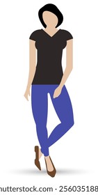 Young woman, girl in full growth. Dressed in a T-shirt and tight pants. Flat vector character isolated on white background.