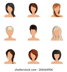 Young woman girl head avatars set with haircut styles isolated vector illustration