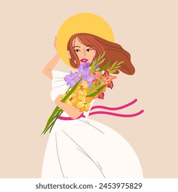 Young woman girl hold bouquet of flowers gladiolus on beige background. Cute Summer holiday present vector illustration. Garden plant