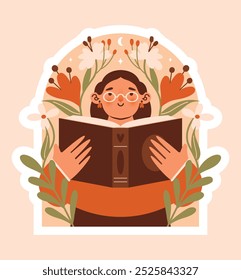 Young woman, girl holding book in hands and reading among flowers, plants, leaves, clouds, stars. Bookworm concept. Naive illustration with cute female person, who loves literature. Vector badge.