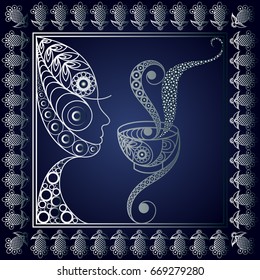 Young woman (girl) holding a cup of tea or coffee. Suitable for invitation, flyer, sticker, poster, banner, card, label, cover, web. Vector illustration.