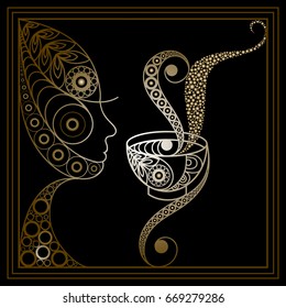 Young woman (girl) holding a cup of tea or coffee. Suitable for invitation, flyer, sticker, poster, banner, card, label, cover, web. Vector illustration.