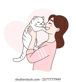 Young woman, girl holding, embracing and kissing a cat, cute simple cartoon illustration, vector drawing