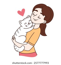 Young woman, girl holding, embracing a cat, cute simple cartoon illustration, vector drawing