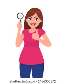 Young woman or girl holding a magnifying glass and making thumbs up gesture sign. Person showing magnifier lens. Female character design illustration. Modern lifestyle, like, good, agree concept.