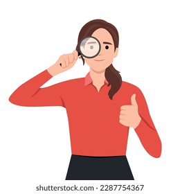 Young woman or girl holding a magnifying glass and making thumbs up gesture sign. Person showing magnifier lens. Female character design illustration. Modern lifestyle, like, good, agree concept.