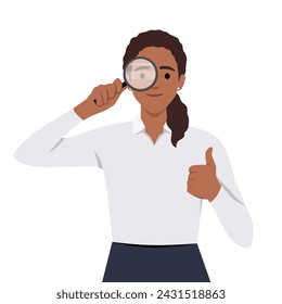 Young woman or girl holding a magnifying glass and making thumbs up. Flat vector illustration isolated on white background