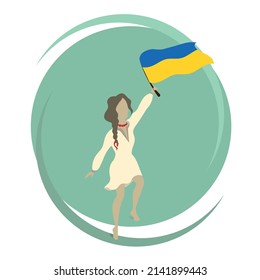 Young woman girl holds and waves a flag of Ukraine. Blue and yellow Ukrainian flag. Pray for Ukraine and for peace. Flat vector illustration.
