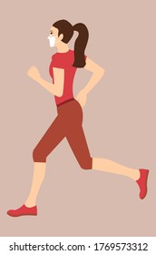 Young woman or girl jogging outdoors. She wears medical mask. Social distancing concept. New normal. Vector illustration in a flat style.