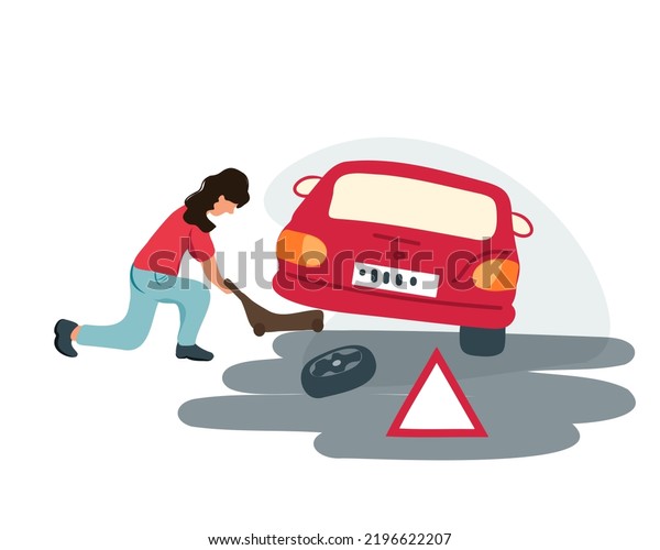 \
A young woman or girl\
lifts a car to change a flat tire on the road. A roadside\
assistance worker changes the wheel of a car on a highway. Vector\
illustration