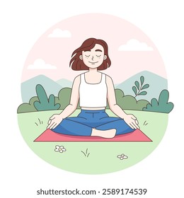 Young woman, girl in lotus pose meditating, doing yoga in nature . Cute simple cartoon style illustration, vector drawing.