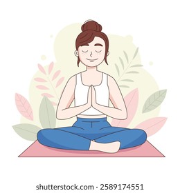 Young woman, girl in lotus pose meditating, doing yoga. Cute simple cartoon style illustration, vector drawing.