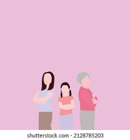 a young woman a girl and an old woman with crossed arms while smiling on violet background