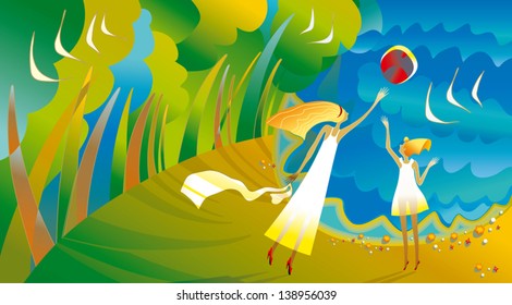 Young woman and girl playing ball on the beach. Happy summer.