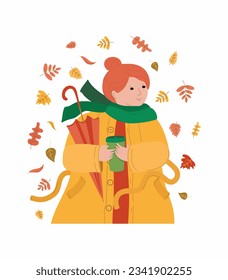 A young woman, a girl in a raincoat with a glass of hot coffee walks in the autumn park. Autumn leaves, closed umbrella. Happy expression. Vector illustration, isolated white background.