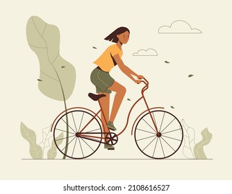 Young woman, girl riding fast a bicycle. Flat vector design.