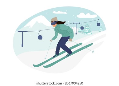 Young woman or girl riding on skis on snow, winter. Flat vector illustration in cartoon style. sport.