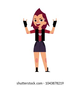 Young woman, girl, rock music fan, singer - leather mini skirt, punk style hair, showing tongue, cartoon vector illustration isolated on white background. Full length portrait of young rock music fan