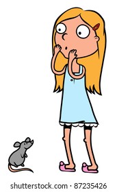 young woman or a girl scared of a mouse, mice phobia, vector illustration