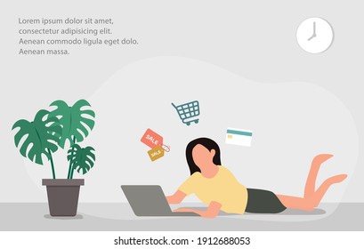 Young woman girl shopping at home with laptop looking social networks surfing internet, studying online.Stay at home during Covid-19 pandemic.