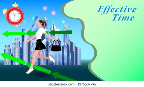 A young woman, girl in a short skirt, with a handbag in her hand, running down the street against the background of a modern city, skyscrapers. Effective Time. Horizontal banner vector, illustration.