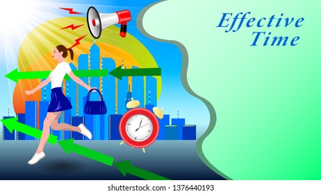 A young woman, girl in a short skirt, with a handbag in her hand, running down the street against the background of a modern city, skyscrapers. Effective Time. Horizontal banner vector, illustration.