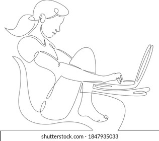 Young woman girl sitting in a chair works for a laptop. One continuous drawing line, logo single hand drawn art doodle isolated minimal illustration.