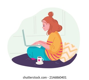 Young woman girl sitting  in lotus position with laptop at home, looking social networks surfing internet, studying online. Social networking concept. Stay at home during Covid-19 pandemic.