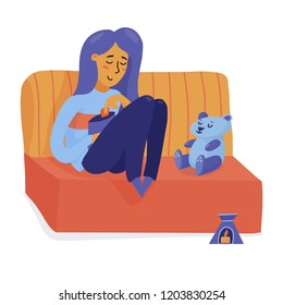 Young woman, girl sitting on sofa with teddy bear, eating chips, smiling and relaxing, flat vector illustration isolated on white background. Smiling girl, woman relaxing on sofa, being happy alone