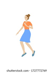 A young woman, a girl in a skirt funny dancing, jumping. Cute vector illustration, flat, isolated character on a white background.