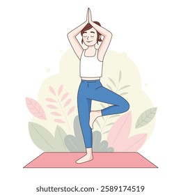 Young woman, girl standing meditating, doing yoga, asana posture. Cute simple cartoon style illustration, vector drawing.