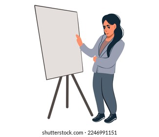 A young woman or girl stands at the blackboard, training, explanation, master class. Flat vector illustration
