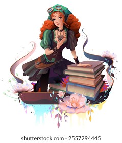 Young woman girl in steampunk dress and stack of books. Vector cartoon illustration isolated on white