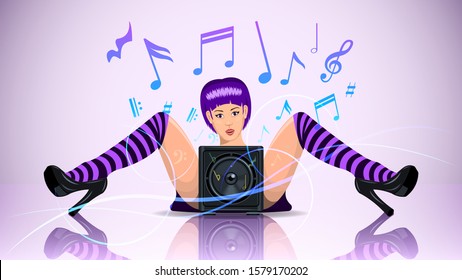 Young woman, girl in striped purple stockings lying on the mirrored floor with big speaker between her legs on the background of musical notes. Vector illustration stock. - Shutterstock ID 1579170202