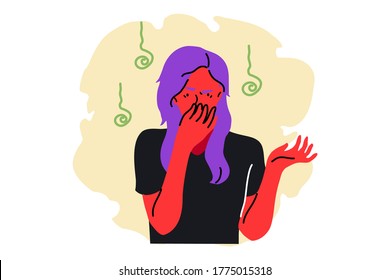 Young woman girl student character queezing nose with fingers smelling awful disguisting stinky scent. Negative facial expressions and gestures illustration