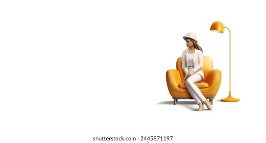 A young woman, a girl in stylish clothes, sits in a soft orange chair 3D. For beauty, business, waiting, service, lifestyle advertising concepts. Vector