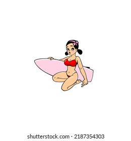 Young woman, Girl with surfer board. Vector illustration, comic style, cartoon character, Hawaiian image, t-shirt print