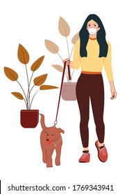 Young woman or girl take dog for walks outdoors. She wears medical mask. Social distancing concept. New normal. Vector illustration in a flat style.