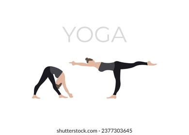 A young woman, a girl takes a beautiful yoga pose, meditates and relaxes. A version of the characters in a yoga pose.