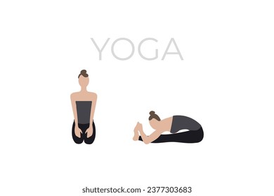 A young woman, a girl takes a beautiful yoga pose, meditates and relaxes. A version of the characters in a yoga pose.